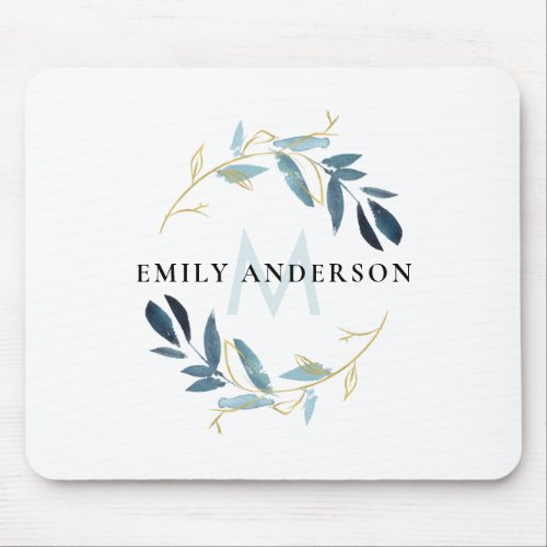 AQUA BLUE GOLD FOLIAGE WATERCOLOR WREATH MONOGRAM MOUSE PAD