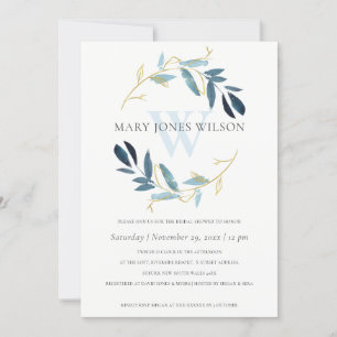 AQUA BLUE GOLD FOLIAGE WREATH BRIDAL SHOWER CARD