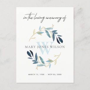 AQUA BLUE GOLD FOLIAGE WREATH MEMORIAL THANK YOU INVITATION POSTCARD