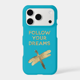 Aqua Blue Gold Follow Your Dreams Dragonfly iPhone 17 Pro Case