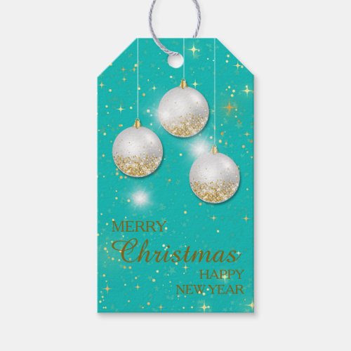 Aqua Blue Gold Glitter Christmas Bulbs Gift Tags