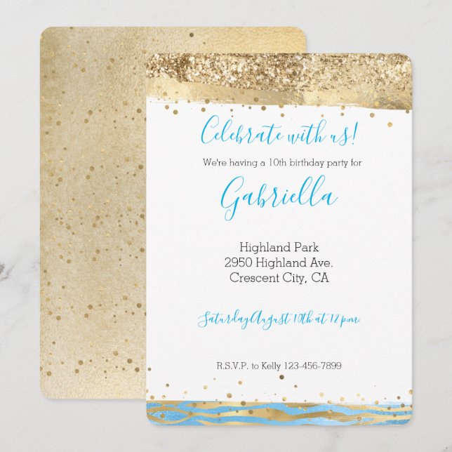 Aqua Blue Gold Glitter Confetti Animal Birthday Invitation (Front/Back)