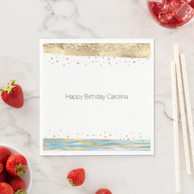 Aqua Blue Gold Glitter Confetti Animal Print   Napkins (Insitu)