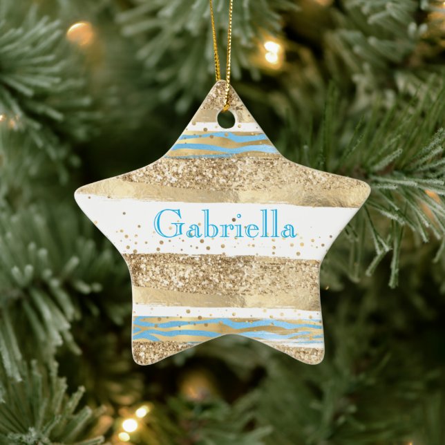 Aqua Blue Gold Glitter Confetti Zebra Animal  Ceramic Ornament (Tree)