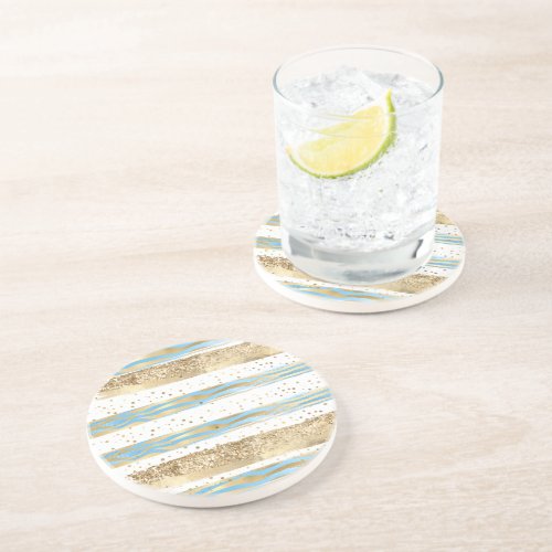 Aqua Blue Gold Glitter Confetti Zebra Animal  Coaster