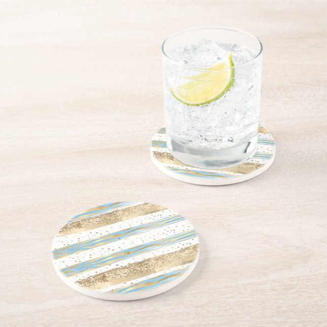 Aqua Blue Gold Glitter Confetti Zebra Animal  Coaster (Side)