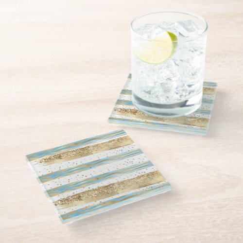 Aqua Blue Gold Glitter Confetti Zebra Animal  Glass Coaster