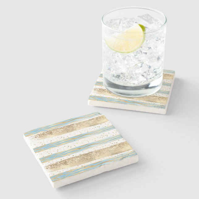 Aqua Blue Gold Glitter Confetti Zebra Animal  Stone Coaster (Side)