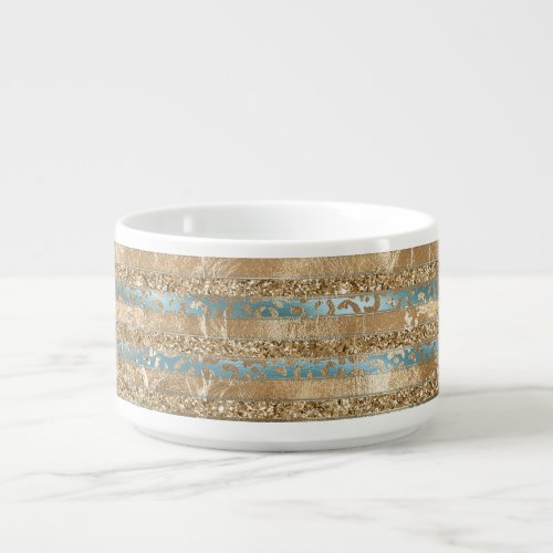 Aqua Blue Gold Glitter Leopard Print Stripes Bowl