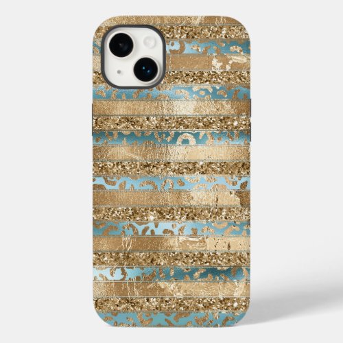 Aqua Blue Gold Glitter Leopard Print Stripes Case_Mate iPhone 14 Plus Case