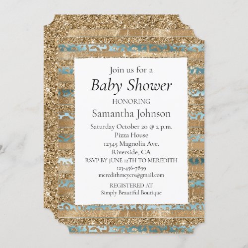 Aqua Blue Gold Glitter Leopard Print Stripes Invitation