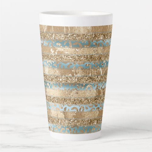 Aqua Blue Gold Glitter Leopard Print Stripes Latte Mug