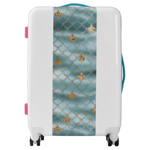 Aqua Blue Gold Glitter Mermaid Luggage