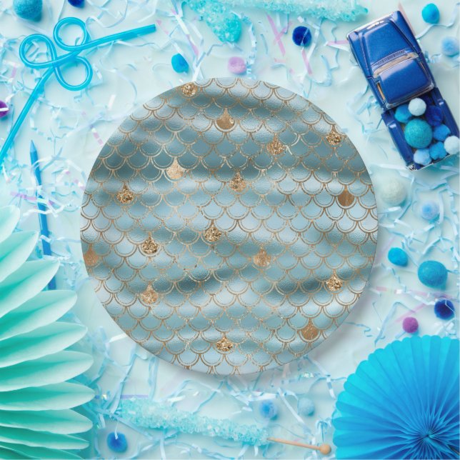 Aqua Blue Gold Glitter Mermaid Paper Plates (Party)