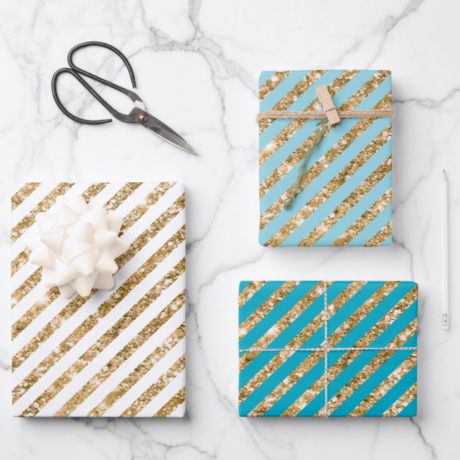 Aqua Blue Gold Glitter Stripes Wrapping Paper Sheets (Front)