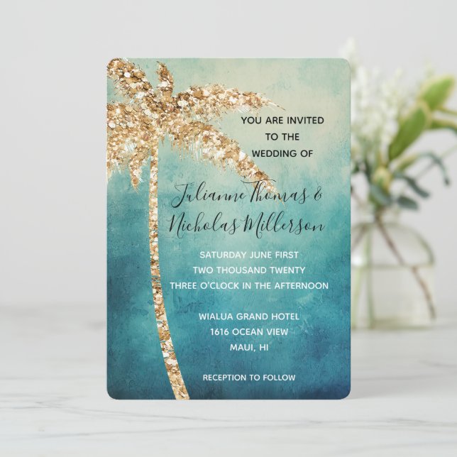 Aqua Blue Gold Glitter Tropical Palm Tree Wedding Invitation (Standing Front)