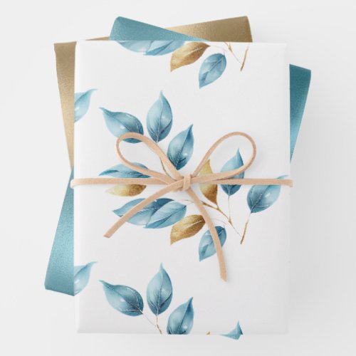 Aqua Blue Gold Leaves Wrapping Paper Sheets