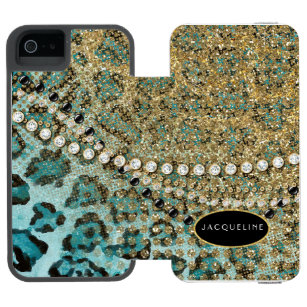 Aqua Blue Gold Leopard Animal Print Glitter Look Wallet Case For iPhone SE/5/5s