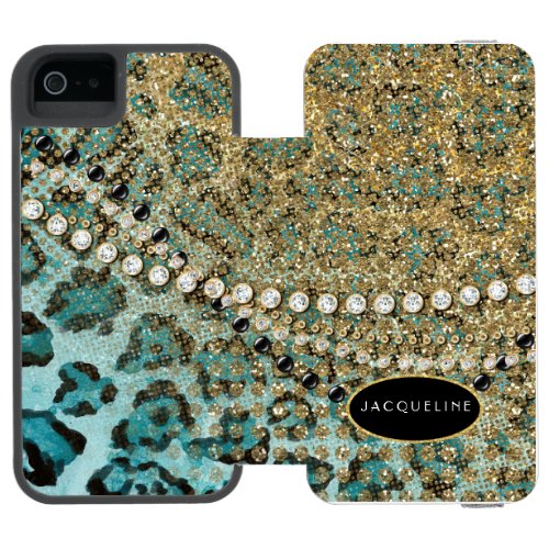 Aqua Blue Gold Leopard Animal Print Glitter Look Wallet Case For iPhone SE55s
