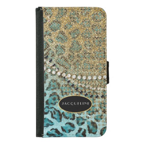 Aqua Blue Gold Leopard Animal Print Glitter Look Wallet Phone Case For Samsung Galaxy S5