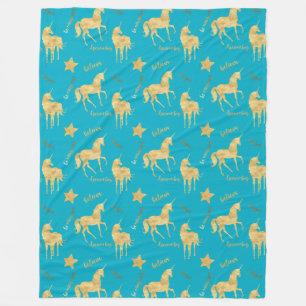 Aqua Blue Gold Magical Unicorn Birthday Fleece Blanket