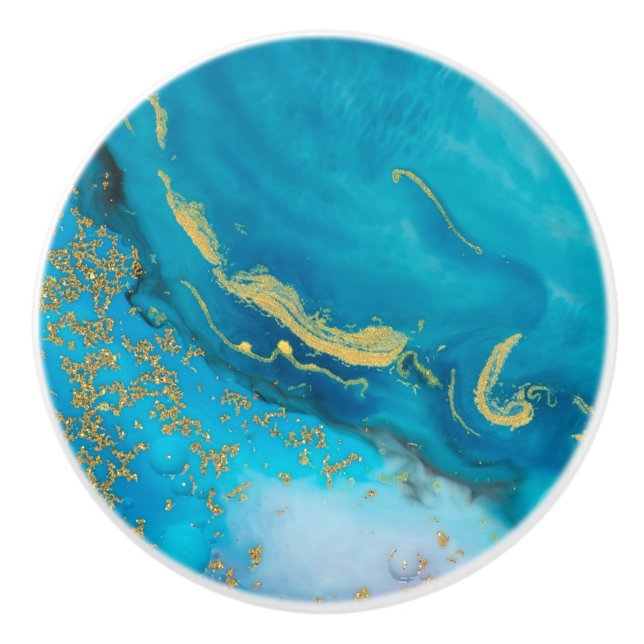 Aqua Blue Gold Marble Ceramic Knob (Front)