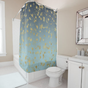 Aqua Blue Gold Ombre Stars Shower Curtain