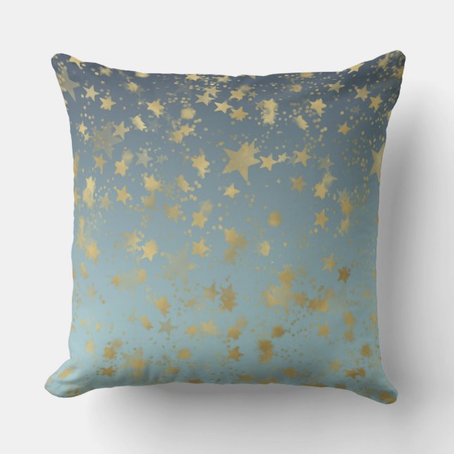 Aqua Blue Gold Ombre Stars Throw Pillow (Front)