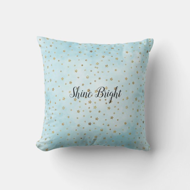 Aqua Blue Gold Stars Throw Pillow (Front)