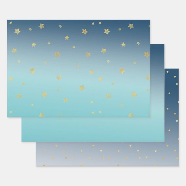 Aqua Blue Gold Stars Wrapping Paper Sheets (Set)