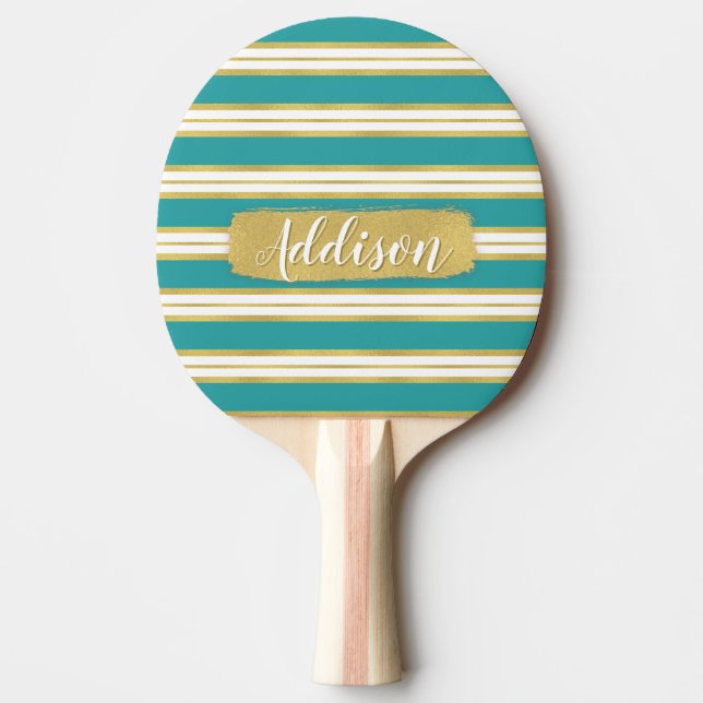Aqua Blue Gold Stripe Pattern Custom Name Ping-Pong Paddle (Front)