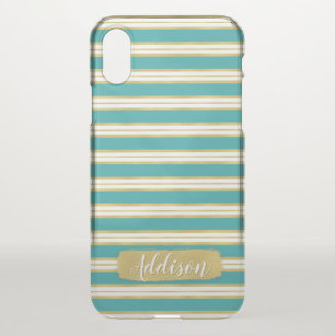 Aqua Blue Gold Stripe Pattern Custom Name iPhone X Case