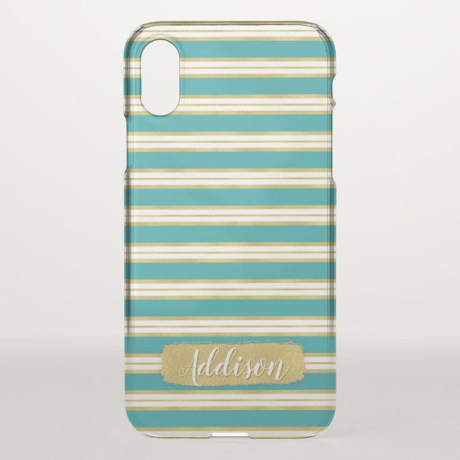 Aqua Blue Gold Stripe Pattern Custom Name Uncommon iPhone Case (Back)