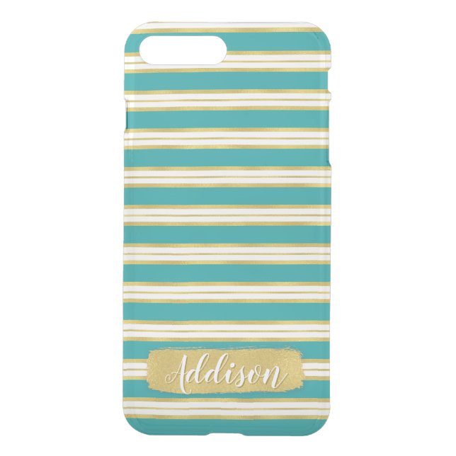 Aqua Blue Gold Stripe Pattern Custom Name Uncommon iPhone Case (Back)