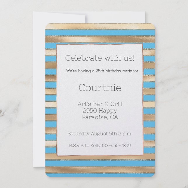Aqua Blue Gold Stripes Birthday Invitation (Front)