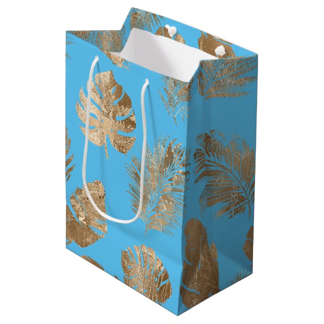 Aqua Blue Gold Tropical Leaves Medium Gift Bag (Front Angled)