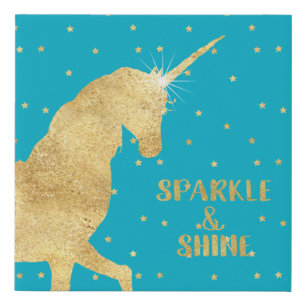 Aqua Blue Gold Unicorn Stars Sparkle and Shine Faux Canvas Print