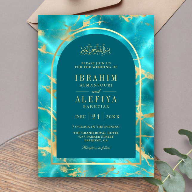 Aqua Blue Gold Water Arch Muslim Wedding Invitation (Creator Uploaded)