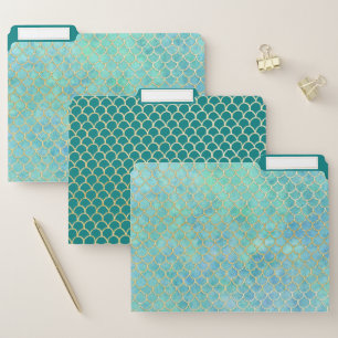 Aqua Blue & Gold Watercolor Mermaid Scale Pattern File Folder