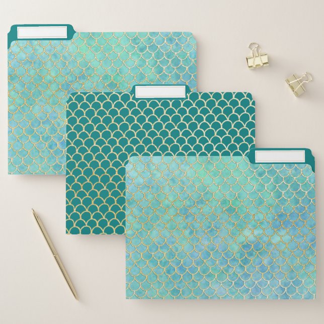 Aqua Blue & Gold Watercolor Mermaid Scale Pattern File Folder (Set)