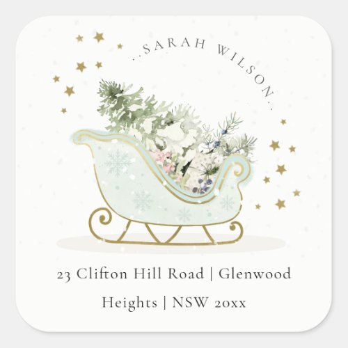 Aqua Blue Gold Winter Sleigh Christmas Address Square Sticker