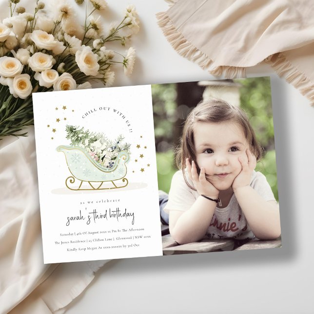 Aqua Blue Gold Winter Sleigh Photo Birthday Invite (Creator Uploaded)