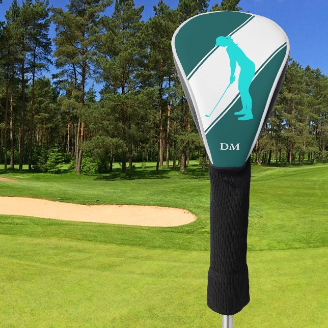 Aqua Blue Golfer on Teal White Golf Head Cover (Creator Uploaded)