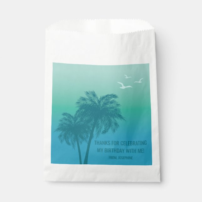 Aqua Blue Gradient Palm Trees Birthday Thank You Favor Bag (Front)