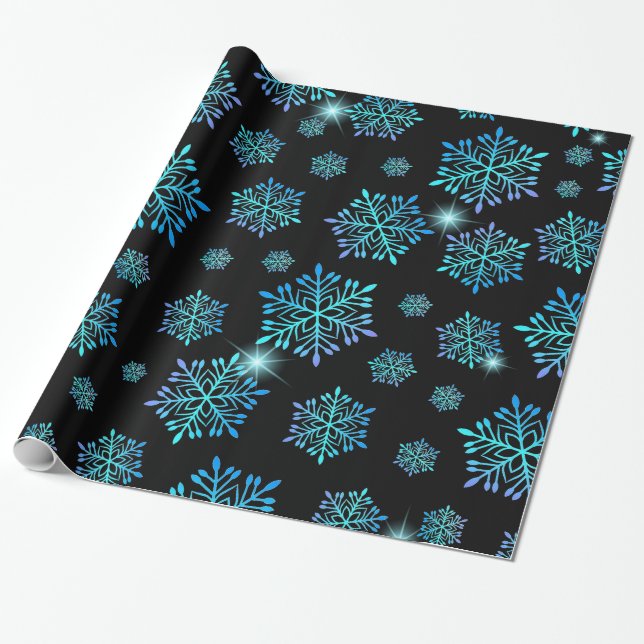 Aqua Blue Gradient Snowflake Pattern Holiday Wrapping Paper (Unrolled)