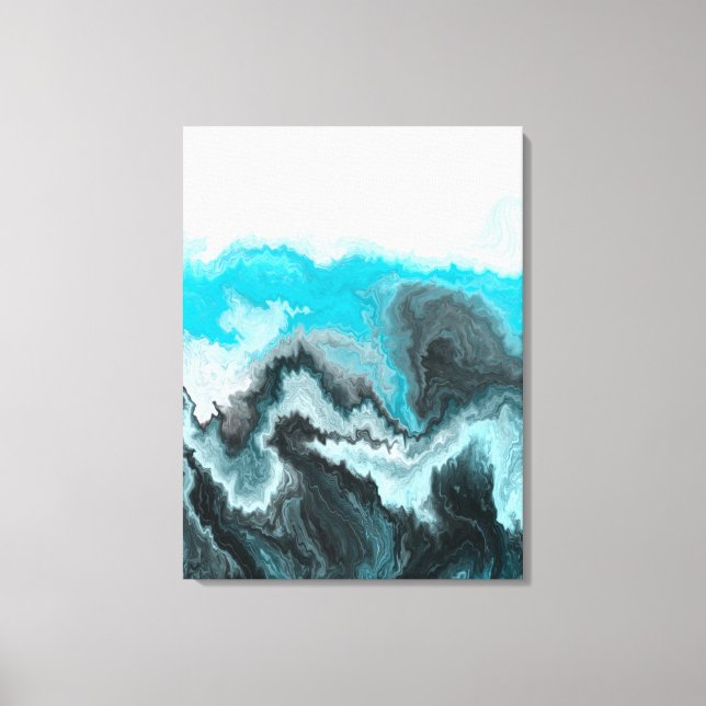 Aqua Blue Gray and Black Waves Abstract Modern Art Canvas Print (Front)