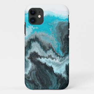 Aqua Blue Gray and Black Waves Abstract Modern Art iPhone 11 Case