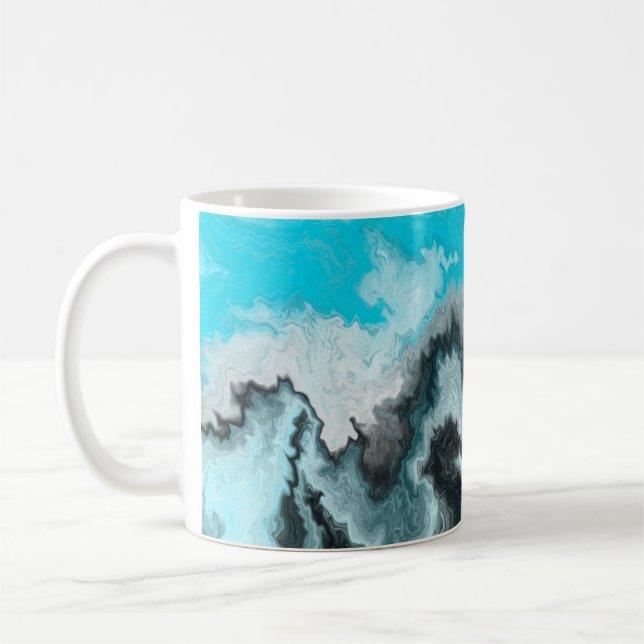 Aqua Blue Gray and Black Waves Abstract Modern Art Coffee Mug (Left)