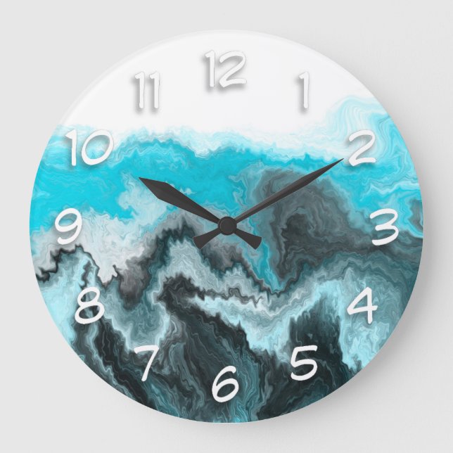Aqua Blue Gray and Black Waves Abstract Modern Art Large Clock (Front)