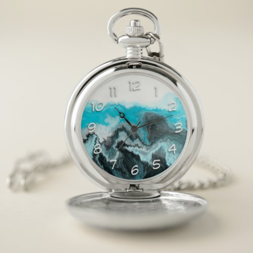 Aqua Blue Gray and Black Waves Abstract Modern Art Pocket Watch